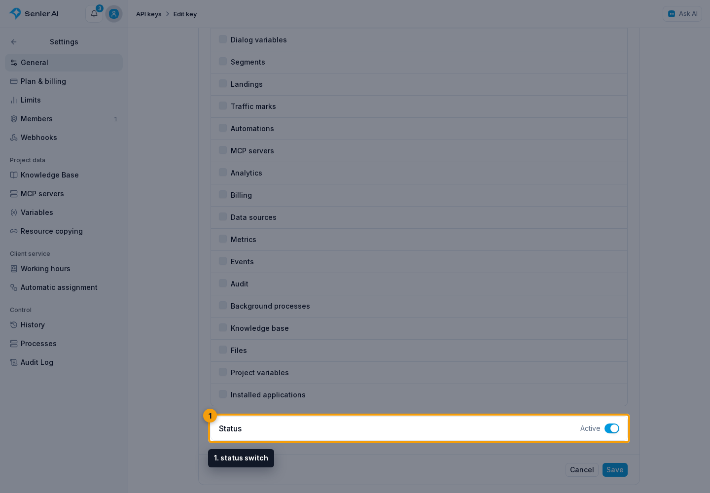 Project API keys. 1. status switch