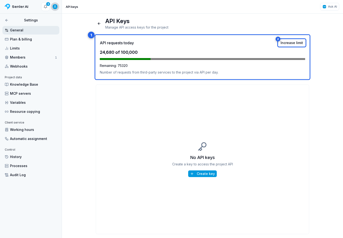 Project API keys. Highlighted elements: 1. “API requests today”; 2. “Increase limit”