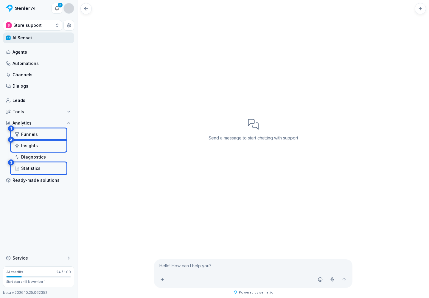 Projects. Highlighted elements: 1. Funnels; 2. Insights; 3. Statistics