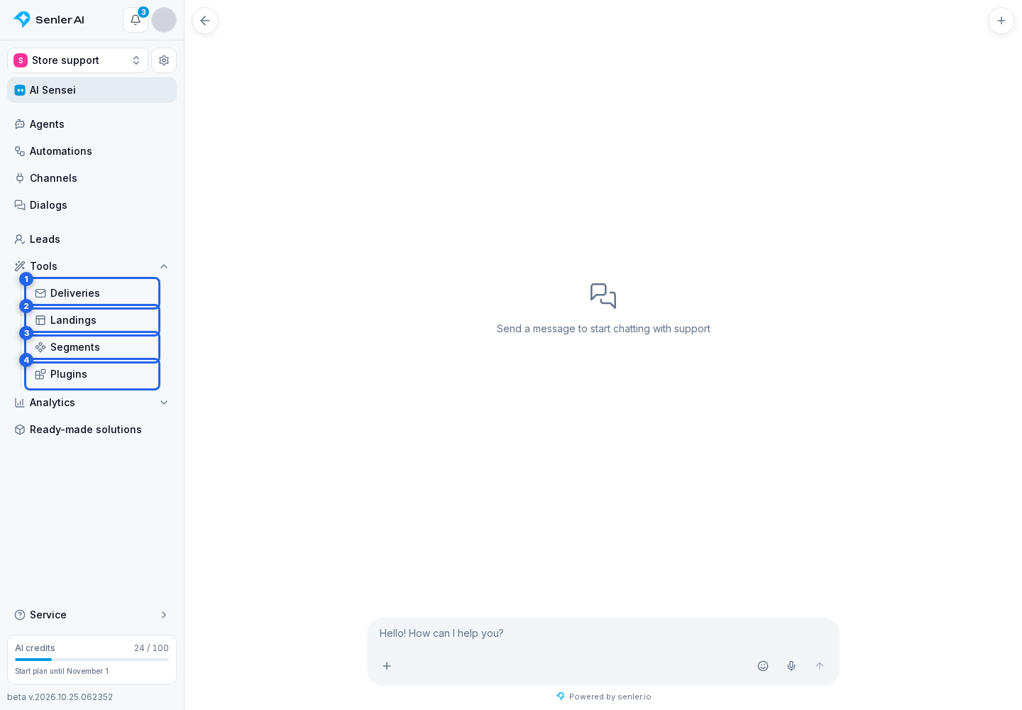 Projects. Highlighted elements: 1. Deliveries; 2. Landings; 3. Segments; 4. Plugins