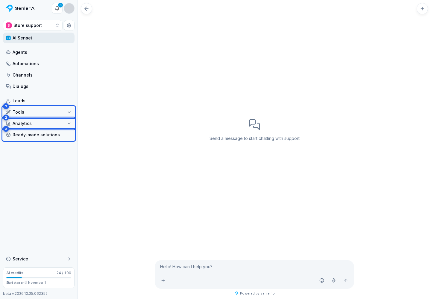 Projects. Highlighted elements: 1. Tools; 2. Analytics; 3. Ready-made solutions