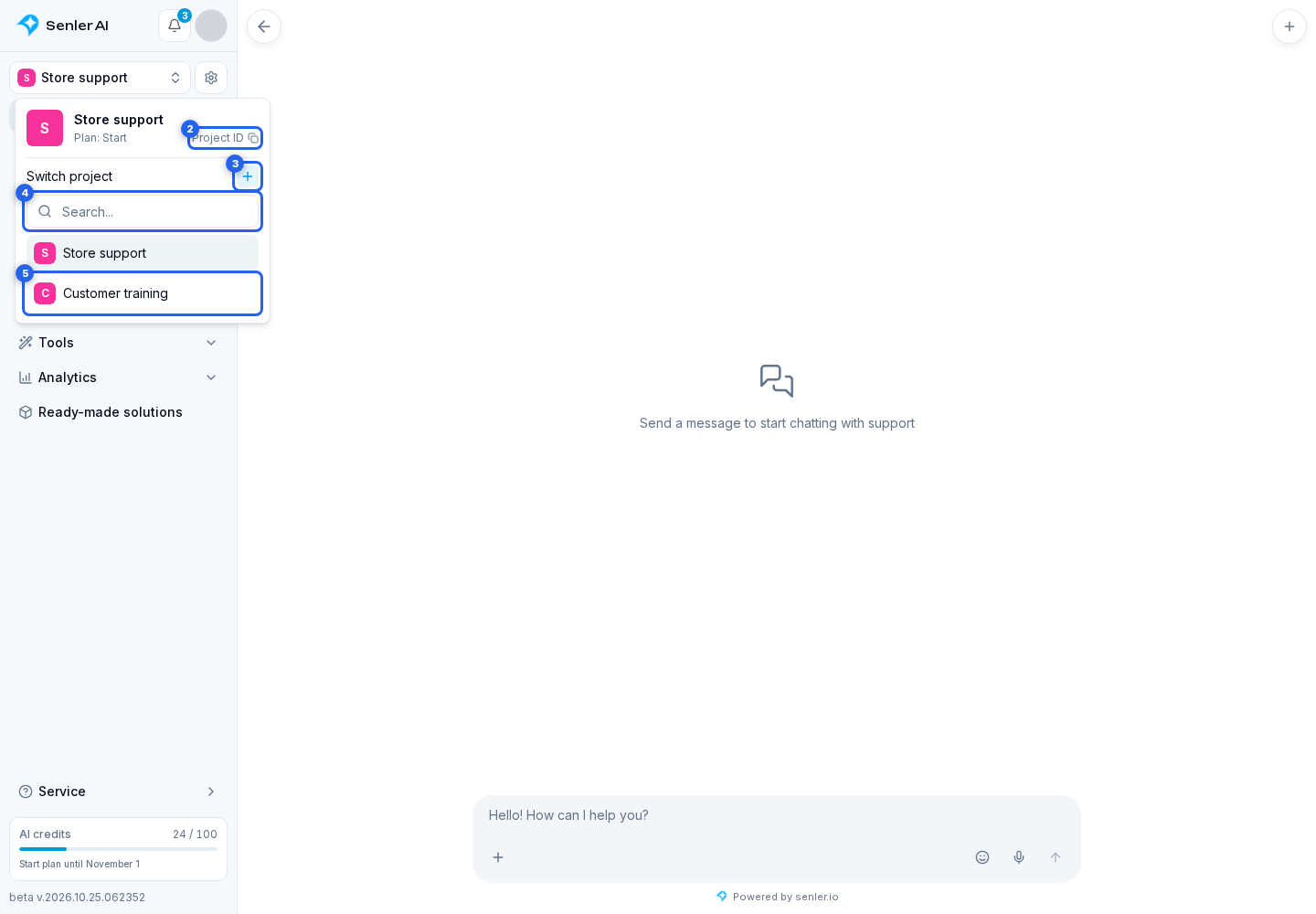 Creating and selecting a project. Highlighted elements: 2. Project ID; 3. plus button; 4. Project search; 5. project name in the list