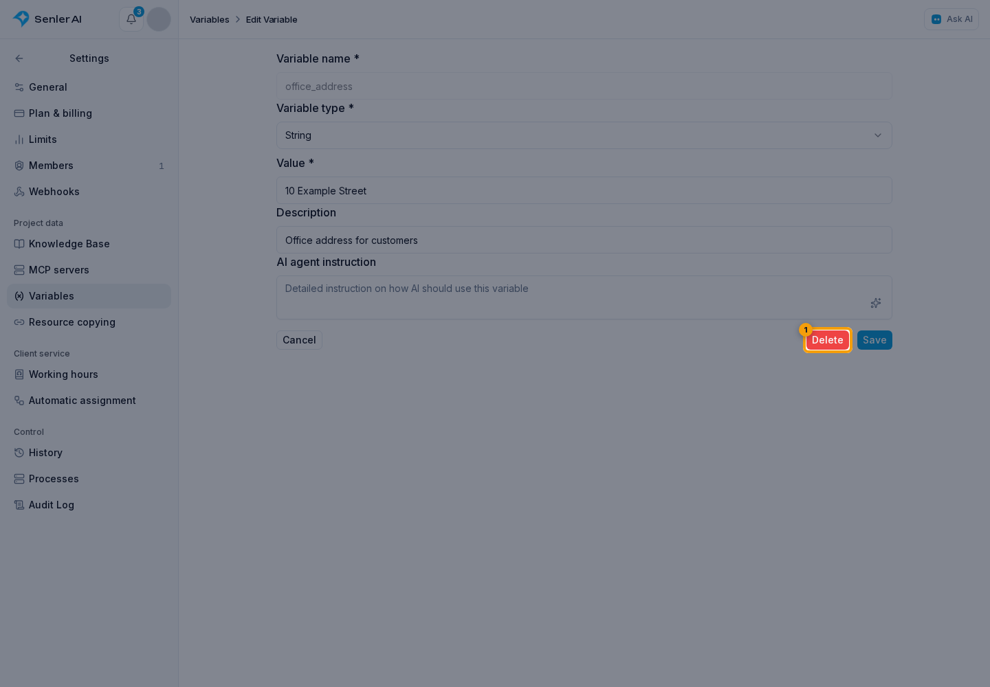 Project variables. 1. Delete