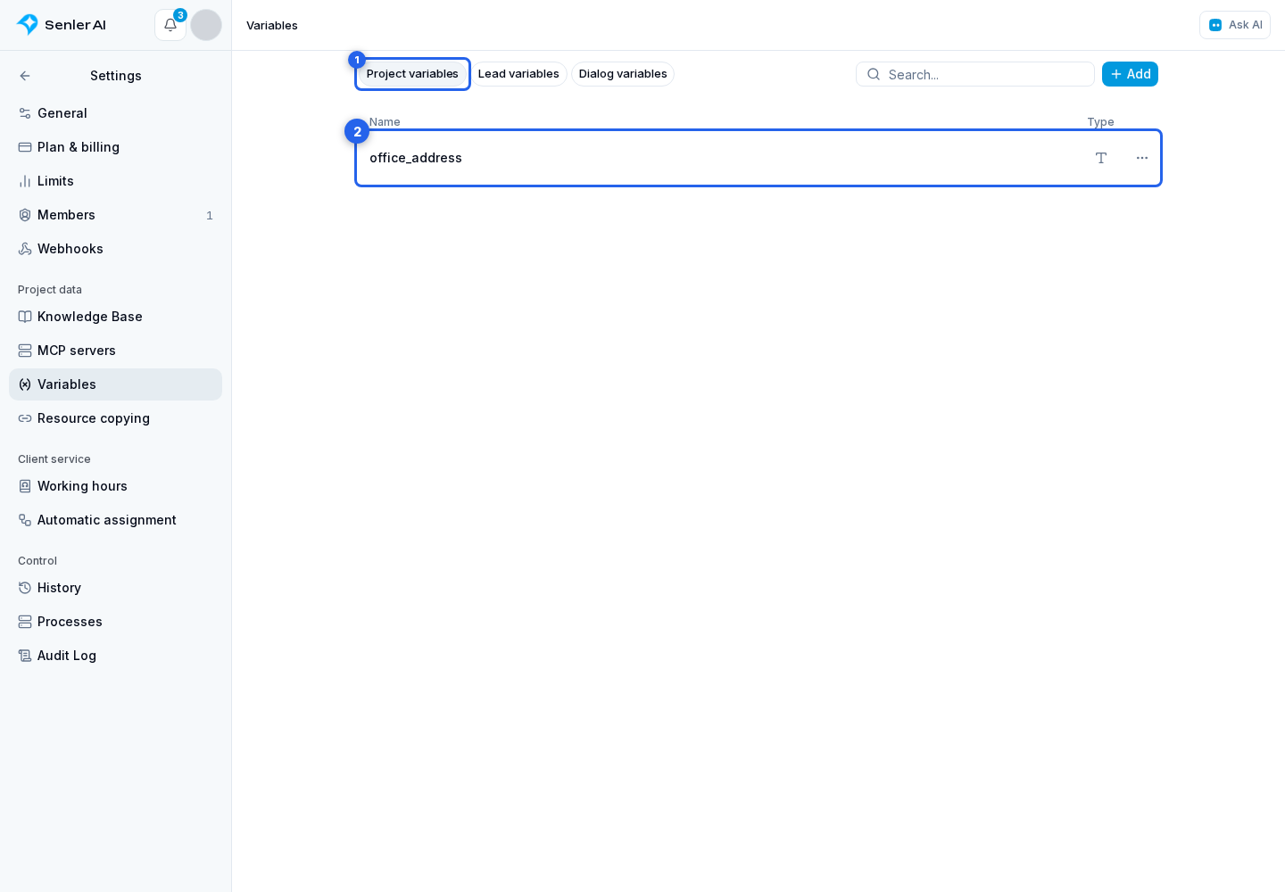 Project variables. Highlighted elements: 1. Project variables tab; 2. variable row