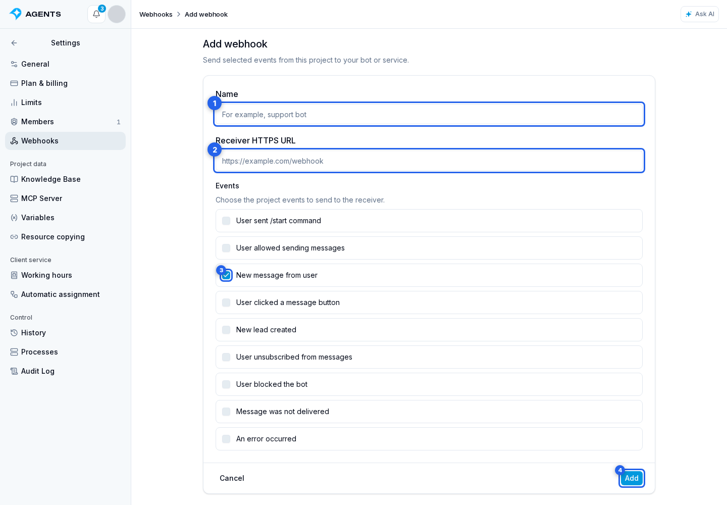 Webhook configuration. Highlighted elements: 1. name; 2. recipient HTTPS URL; 3. events; 4. Add