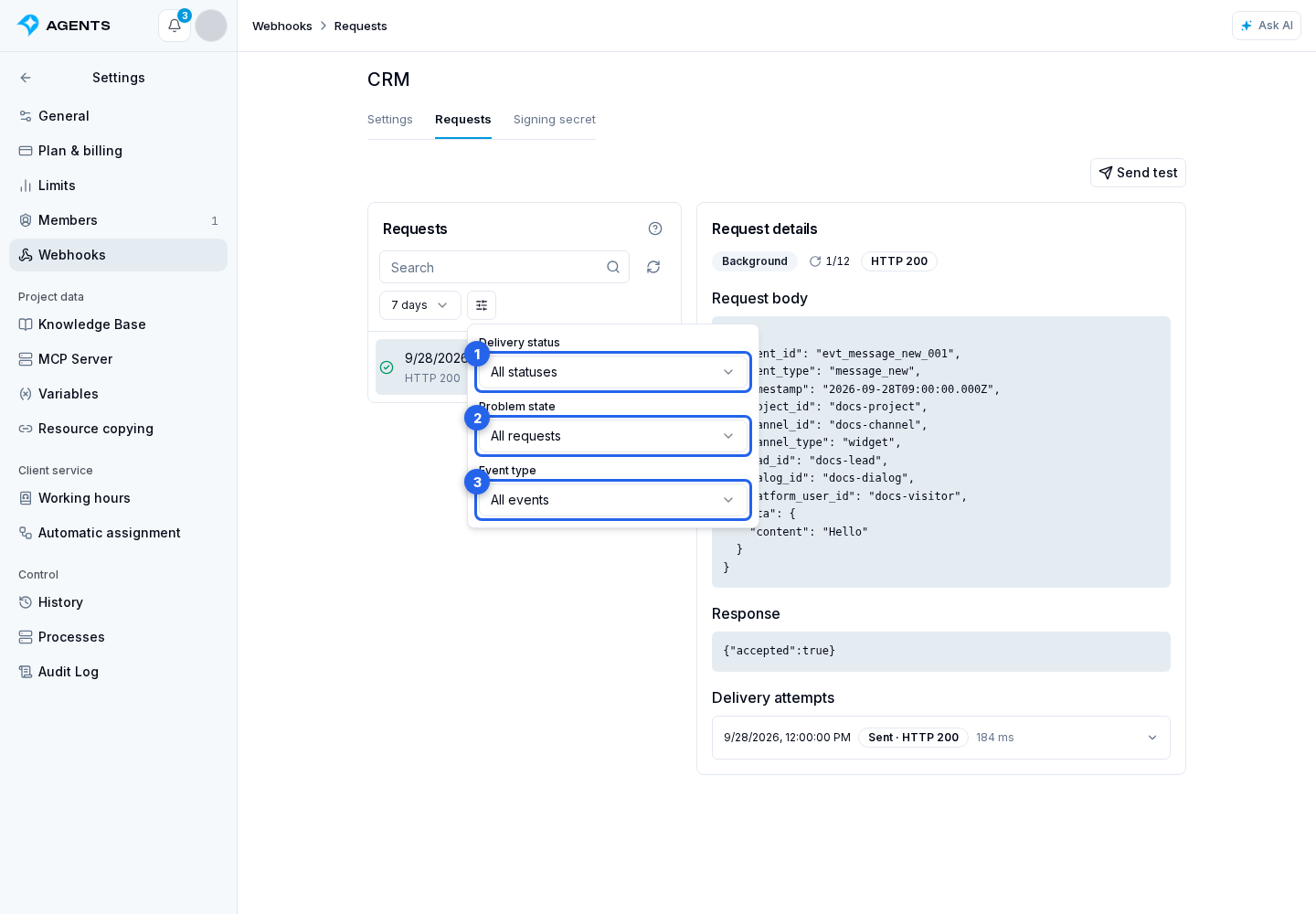Webhook requests. Highlighted elements: 1. delivery status; 2. issue resolution state; 3. event type