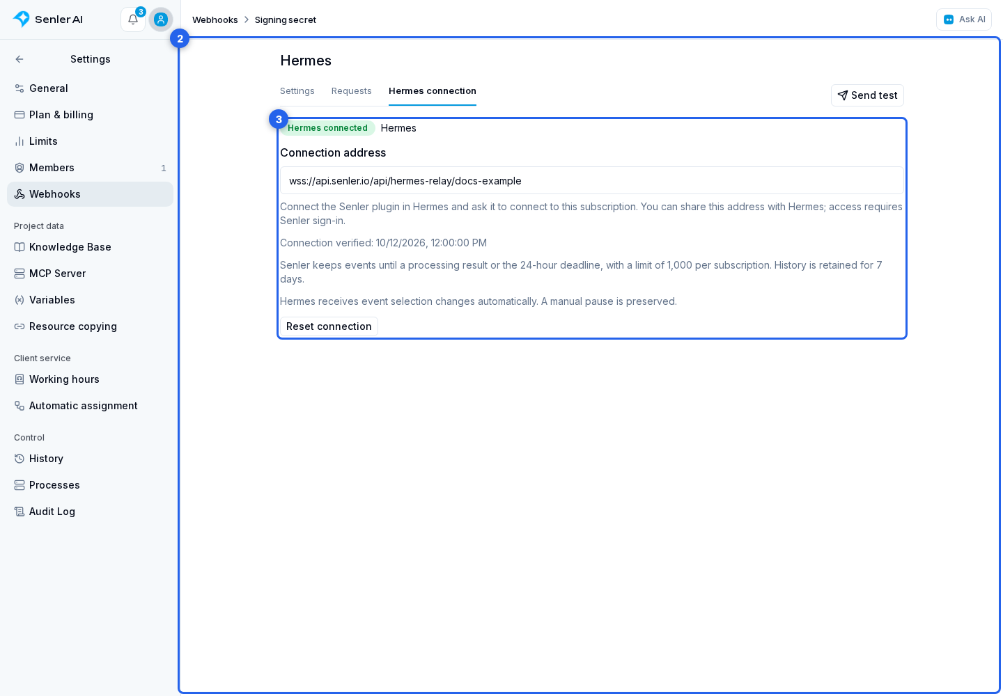 Connect Hermes. Highlighted elements: 2. connection page; 3. "Hermes connection"