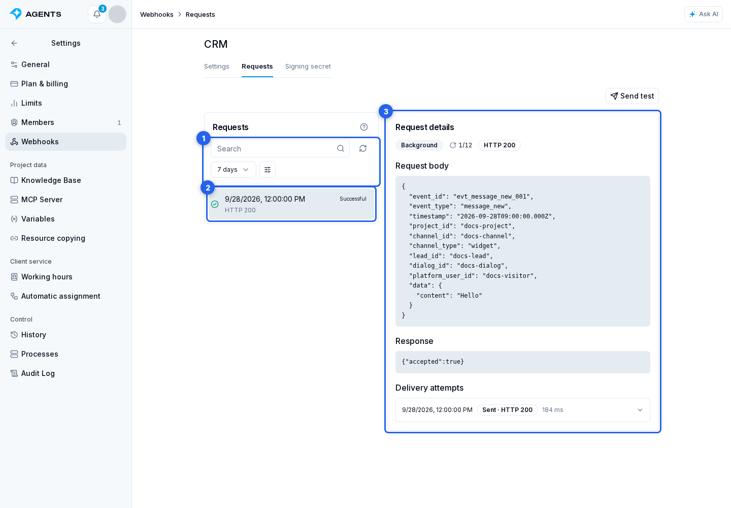 Webhook requests. Highlighted elements: 1. search and filter panel; 2. request in the list; 3. details