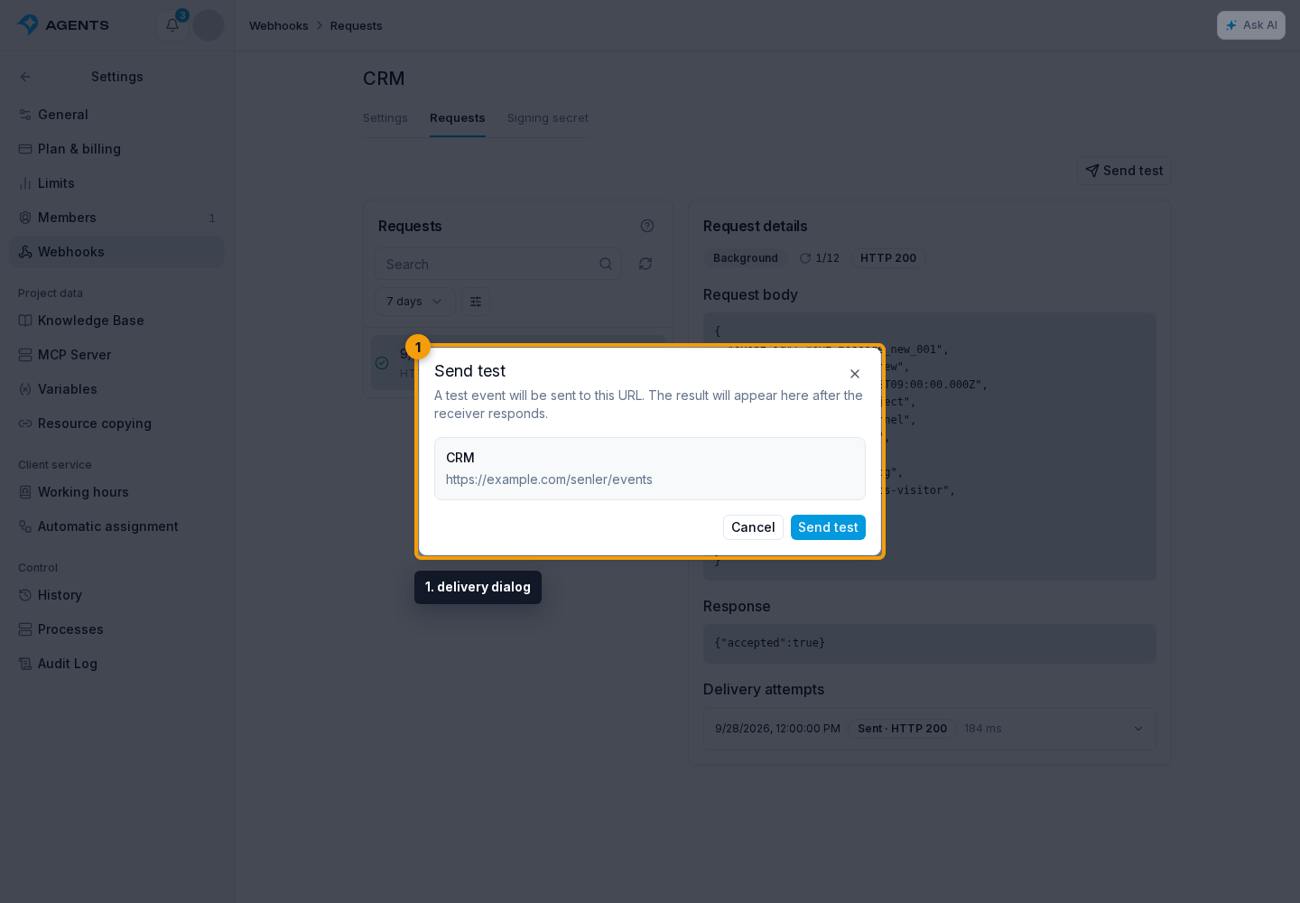 Webhook requests. 1. delivery dialog