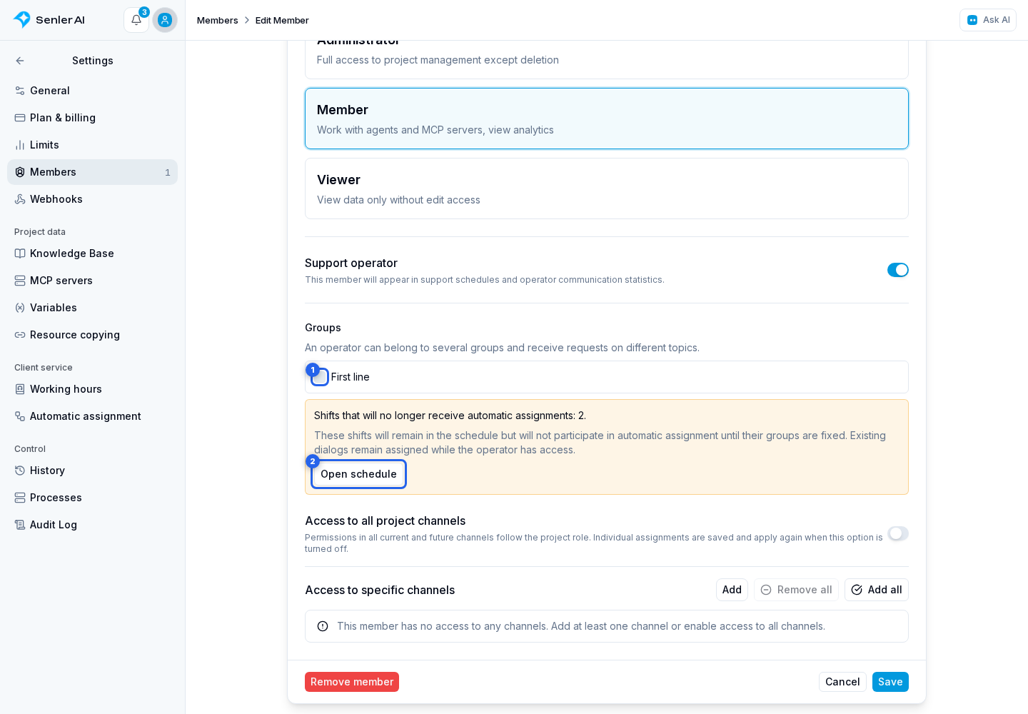 Changing settings. Highlighted elements: 1. groups; 2. Open schedule