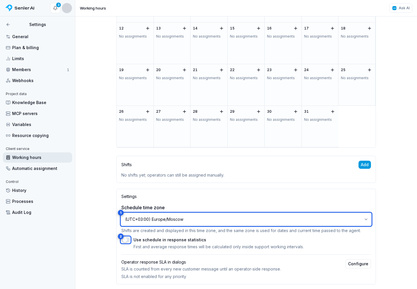 Working hours. Highlighted elements: 1. timezone field; 2. Use schedule in response statistics