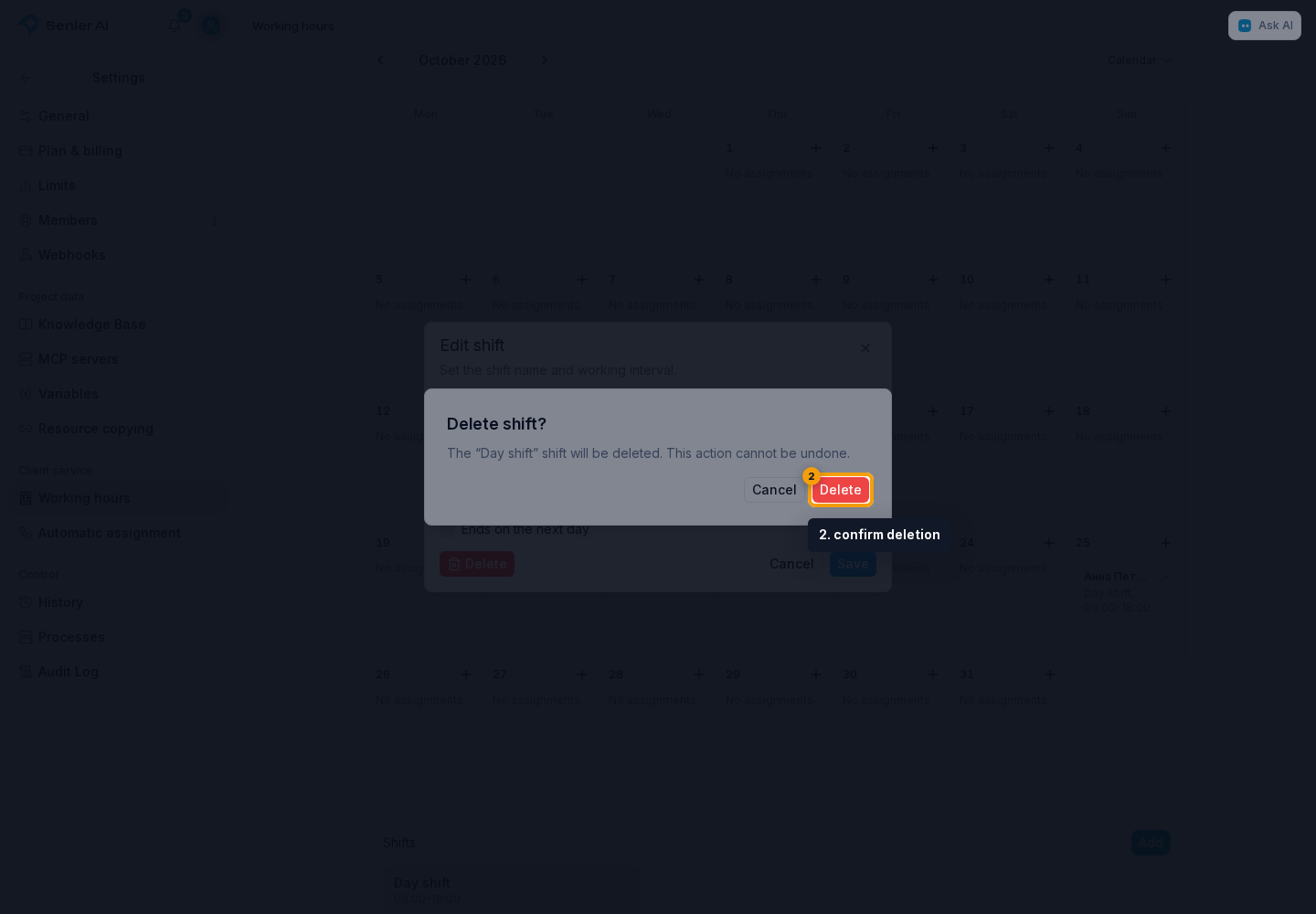 Working hours. 2. confirm deletion